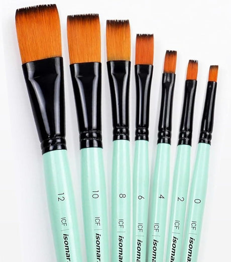 Isomars Flat Paint Brush Set of 7 (0–12) | Professional Synthetic Artist Brushes for Acrylic, Watercolor & Oil Painting | Smooth Finish, No Streaks, Ideal for Artists, Students & Hobbyists - Isomars