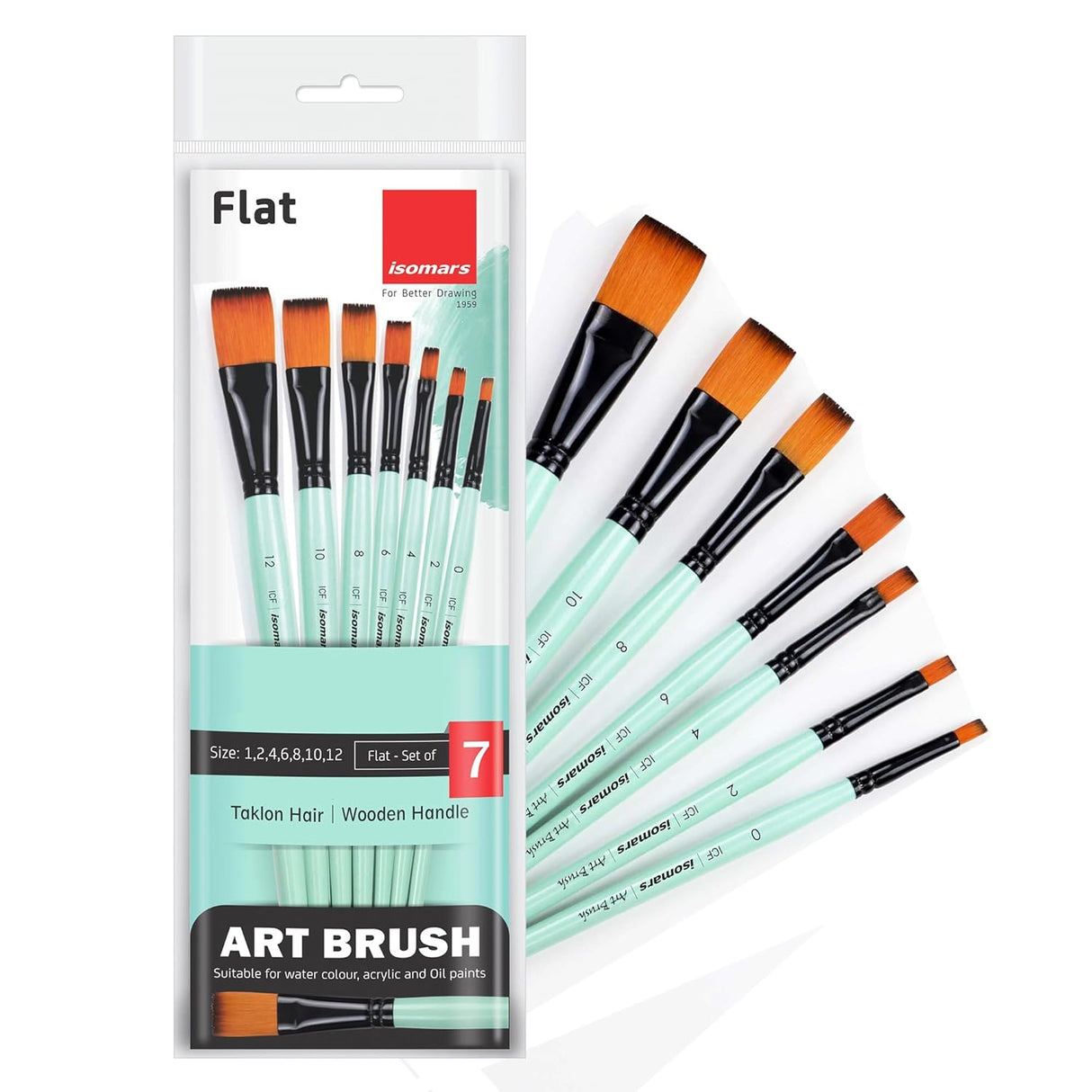 Isomars Flat Paint Brush Set of 7 (0–12) | Professional Synthetic Artist Brushes for Acrylic, Watercolor & Oil Painting | Smooth Finish, No Streaks, Ideal for Artists, Students & Hobbyists - Isomars