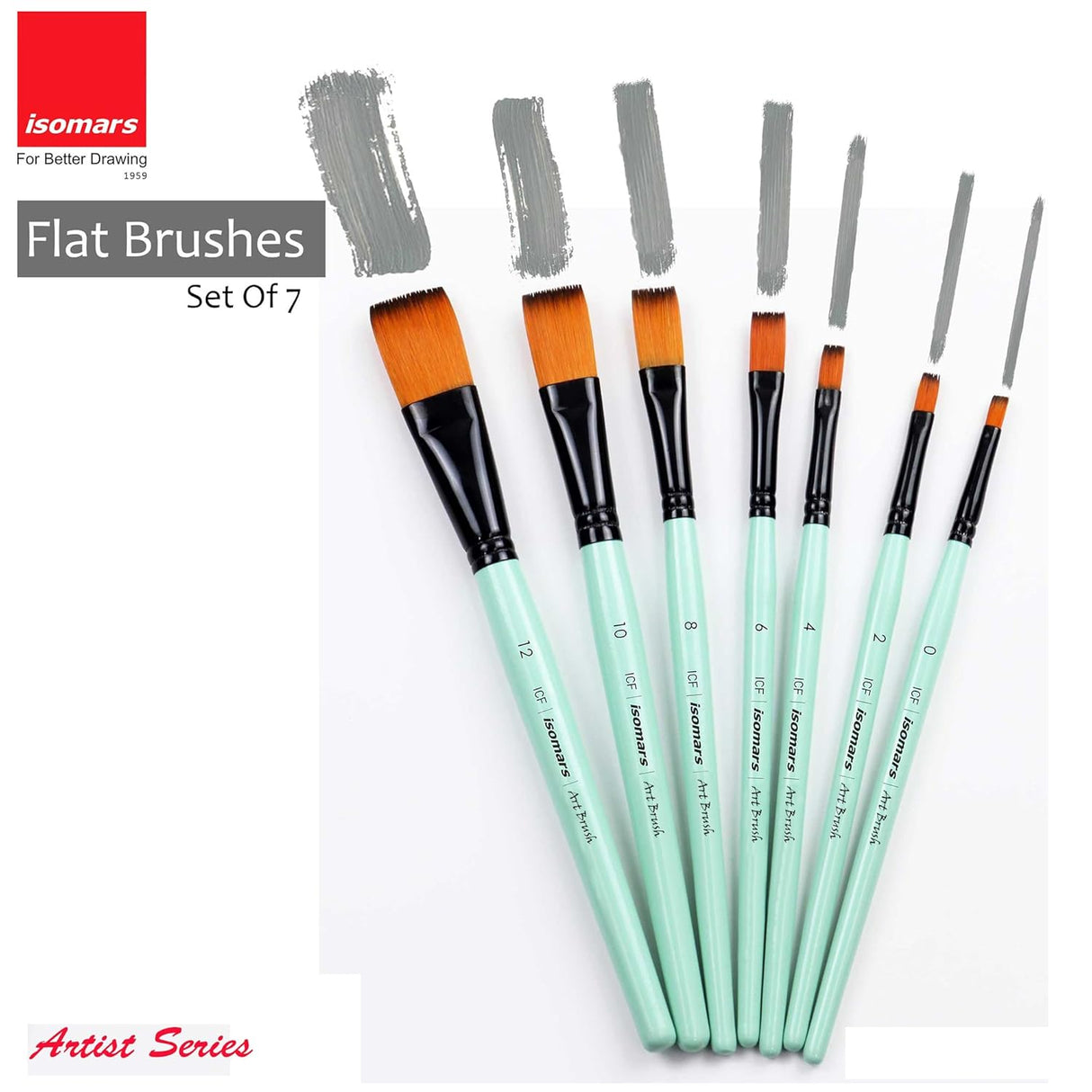 Isomars Flat Paint Brush Set of 7 (0–12) | Professional Synthetic Artist Brushes for Acrylic, Watercolor & Oil Painting | Smooth Finish, No Streaks, Ideal for Artists, Students & Hobbyists - Isomars