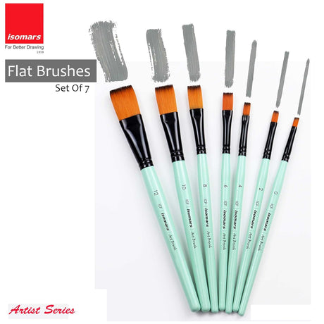 Isomars Flat Paint Brush Set of 7 (0–12) | Professional Synthetic Artist Brushes for Acrylic, Watercolor & Oil Painting | Smooth Finish, No Streaks, Ideal for Artists, Students & Hobbyists - Isomars