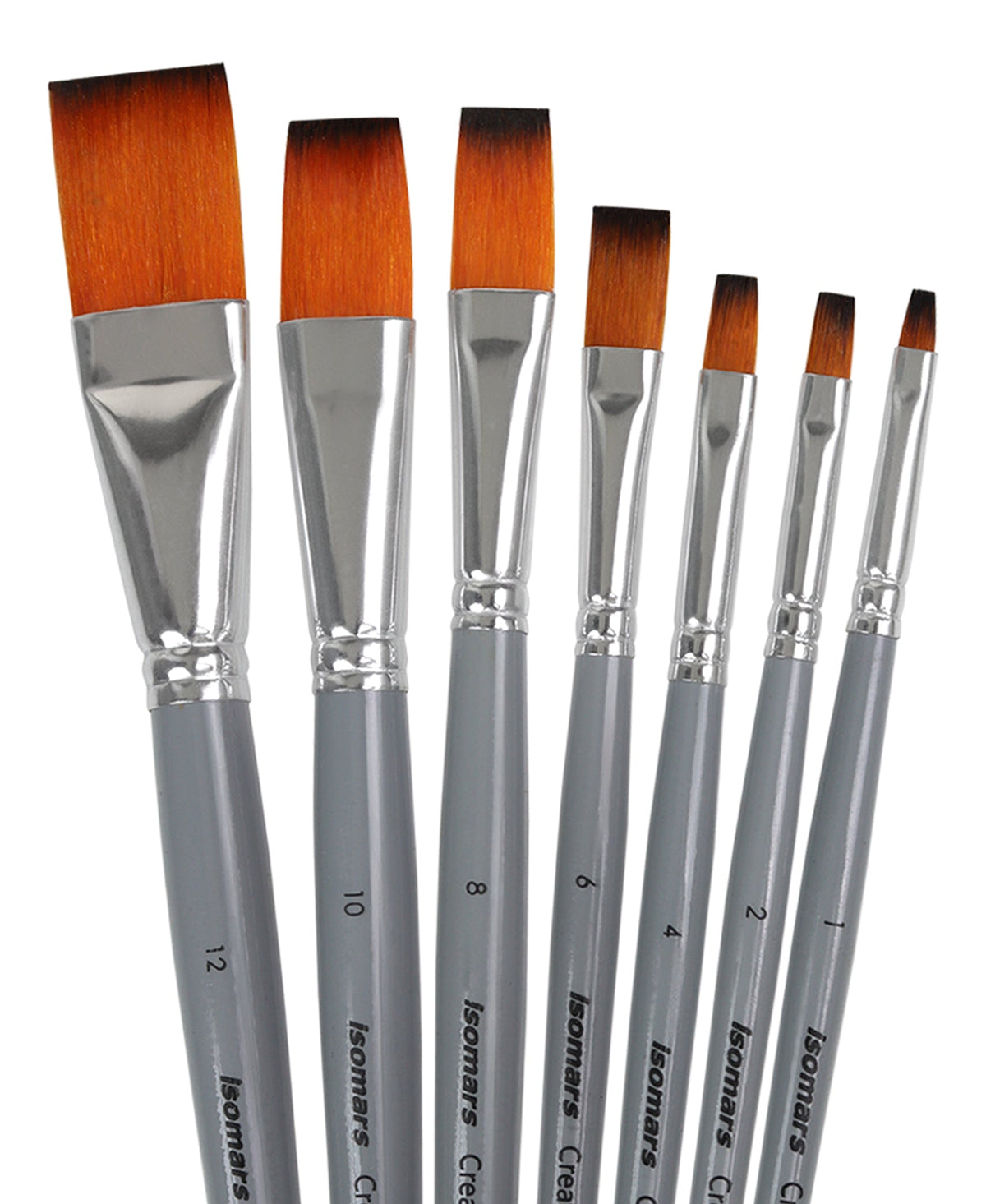 Isomars Flat Paint Brush Set of 7 - Taklon Hair, Sizes 1 to 12 - Isomars