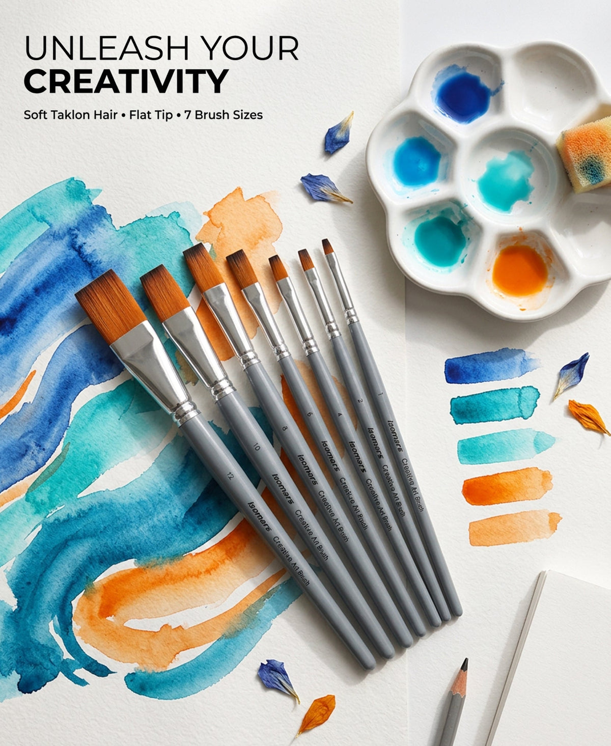 Isomars Flat Paint Brush Set of 7 - Taklon Hair, Sizes 1 to 12 - Isomars