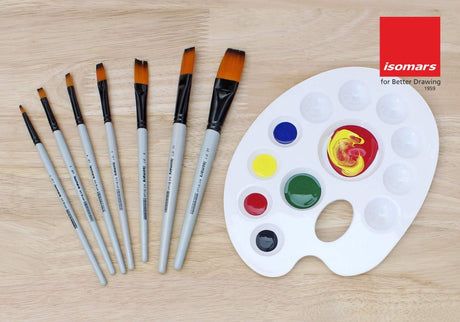 Isomars Flat Paint Brush Set of 7 with Colour Palette - Isomars
