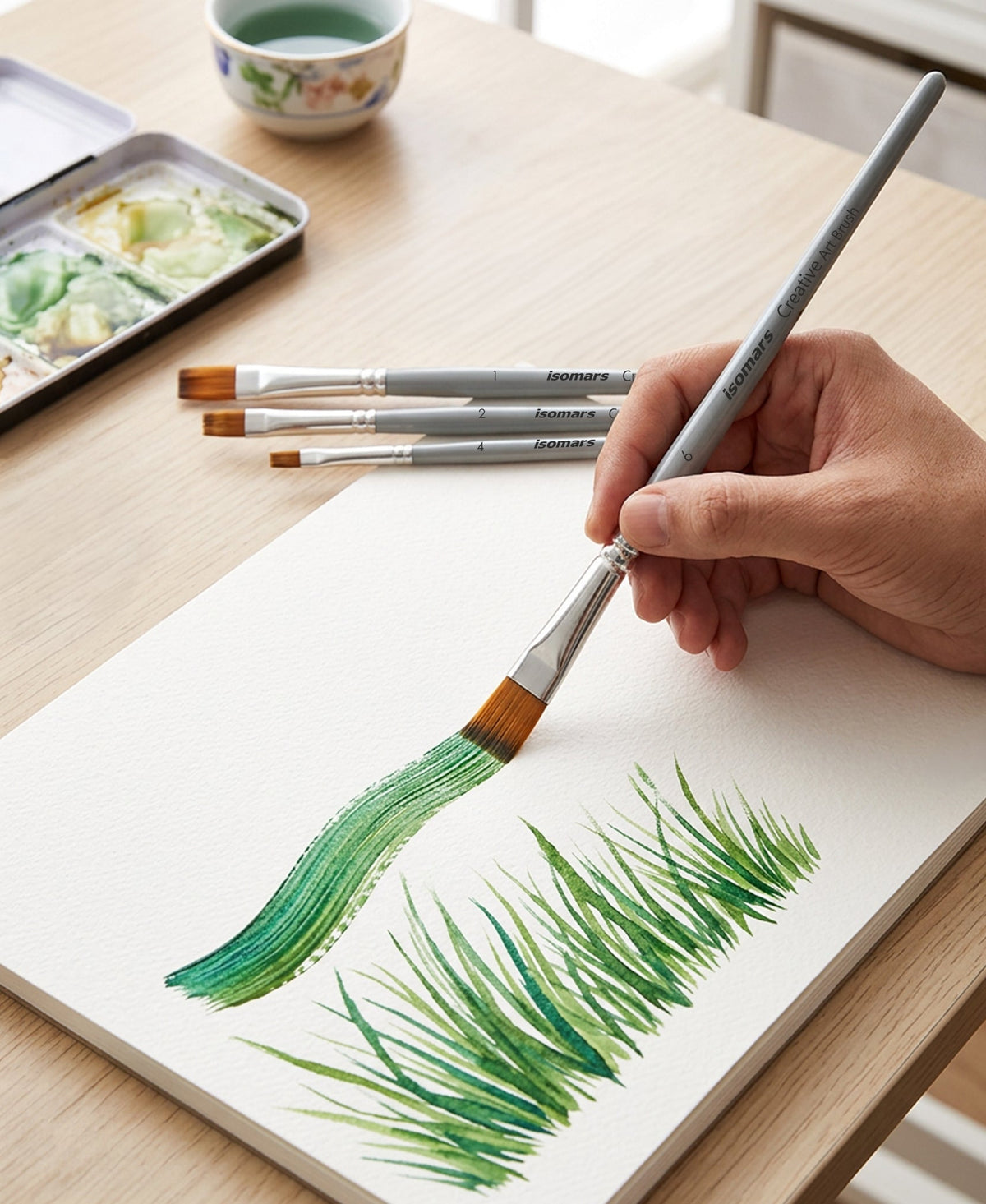 Isomars Flat Rake Art Brush Set of 4 - Taklon Hair, Sizes 1, 2, 4, 6 - Isomars
