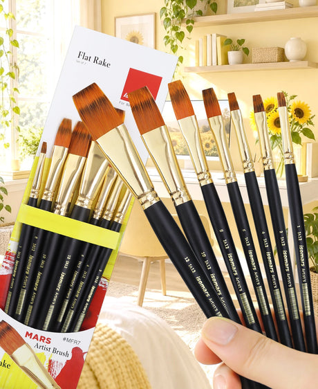 Isomars Flat Rake Paint Brush Set of 7 for Acrylic, Oil & Watercolor - Isomars
