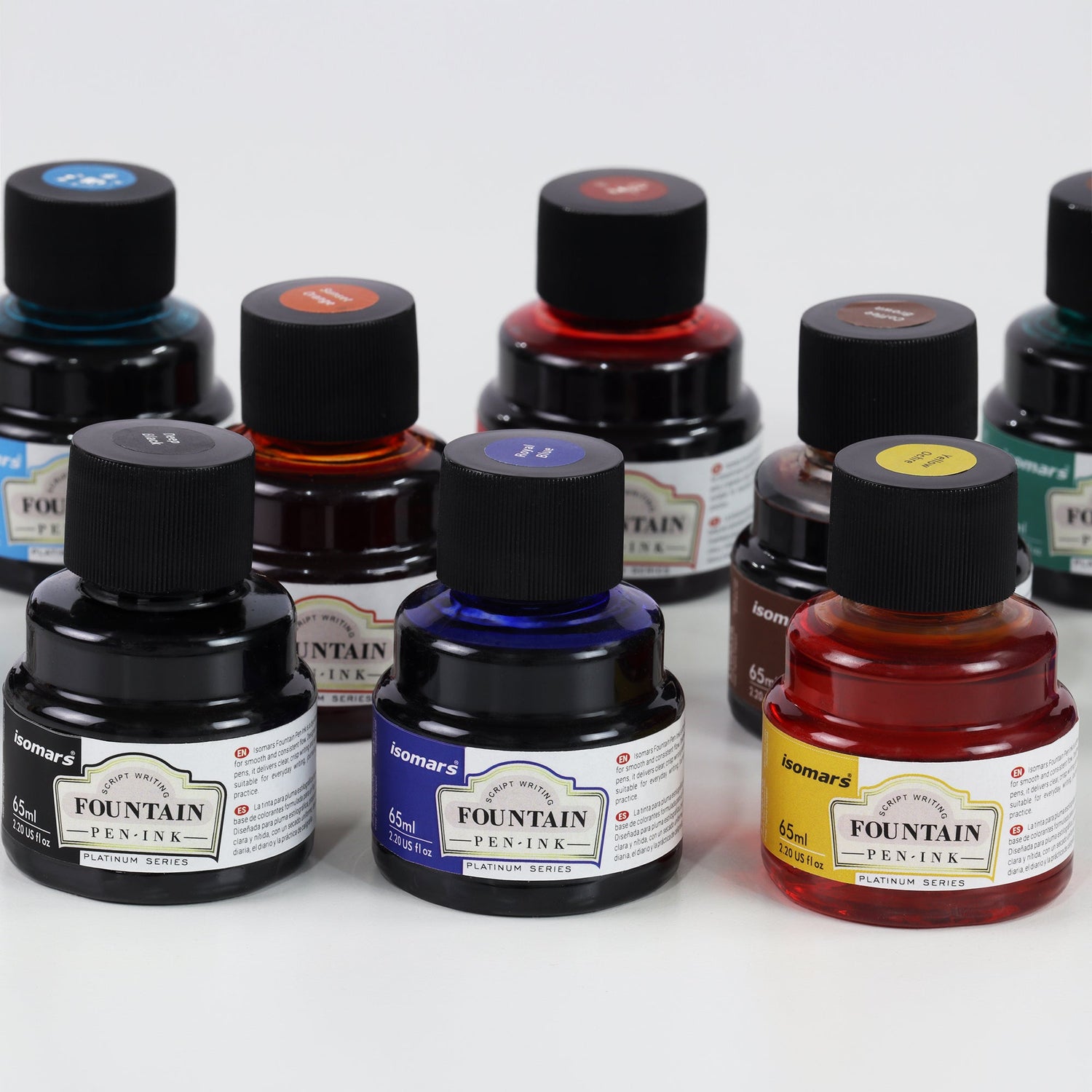 Isomars Fountain Pen Ink Set of 10 Colors, 65ml Each Bottle, Quick Drying, Non-Clogging Formula, Smooth Ink Flow, Vibrant Archival Inks for Fountain Pens, Calligraphy & Writing - Isomars