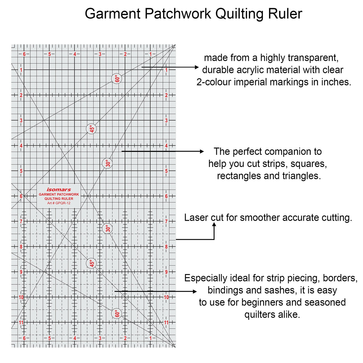 Isomars Garment Patchwork Quilting Ruler 12 x 6.5 Inch Acrylic - Isomars