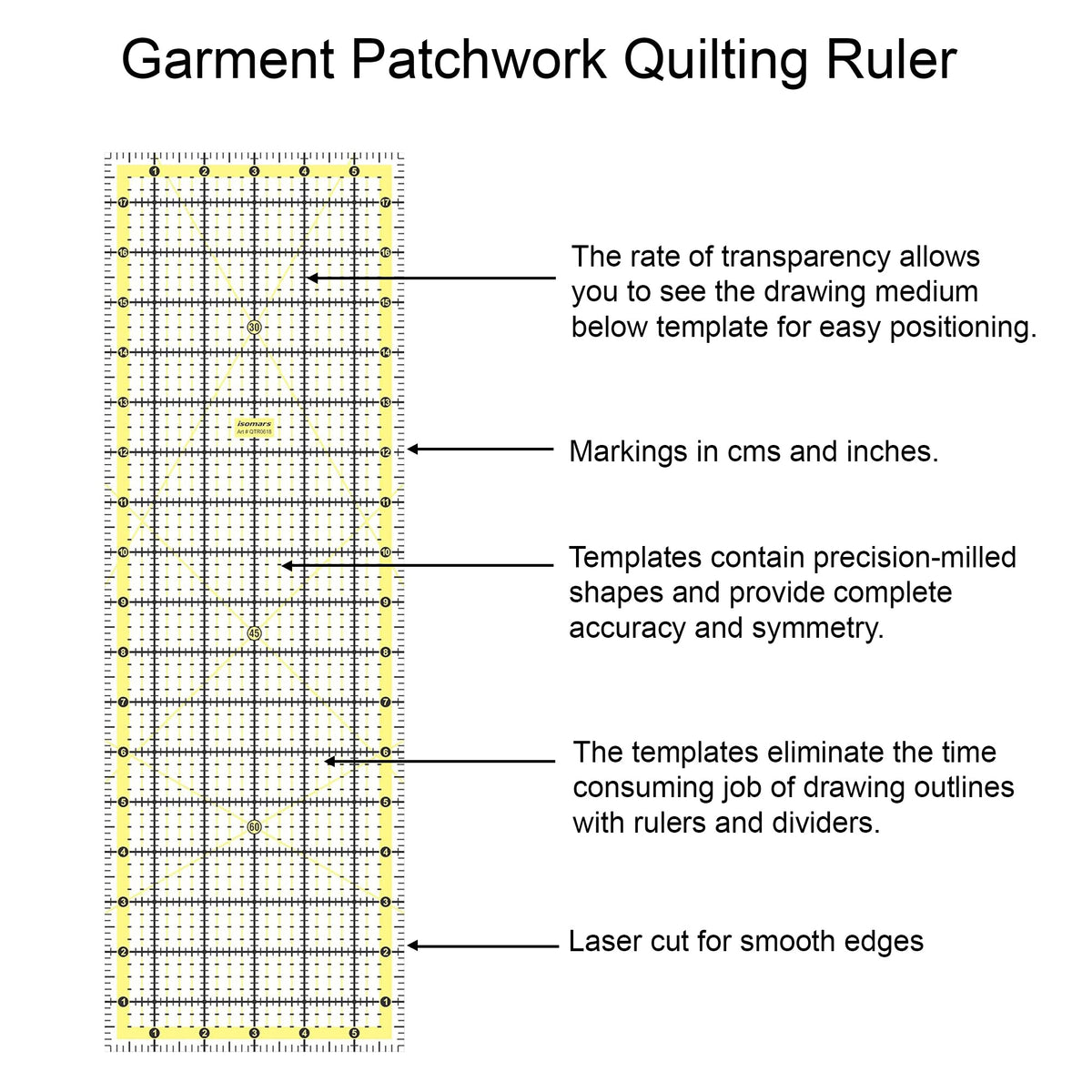 Isomars Garment Patchwork Quilting Ruler 6 x 18 Inch | Clear Acrylic - Isomars