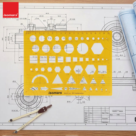 Isomars Geometric Combination Template Ruler | Multi-Shape Drawing & Drafting Stencil with Circles, Squares, Triangles, Hexagons, Arrows & Metric Scale for Architects, Engineers, Designers & Students - Isomars