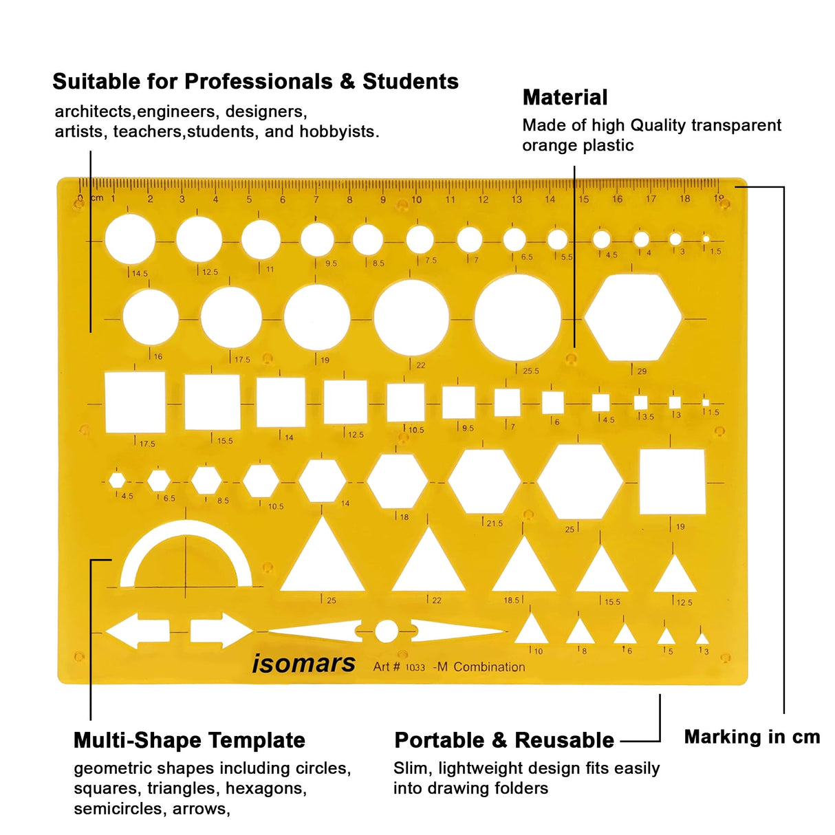 Isomars Geometric Combination Template Ruler | Multi-Shape Drawing & Drafting Stencil with Circles, Squares, Triangles, Hexagons, Arrows & Metric Scale for Architects, Engineers, Designers & Students - Isomars
