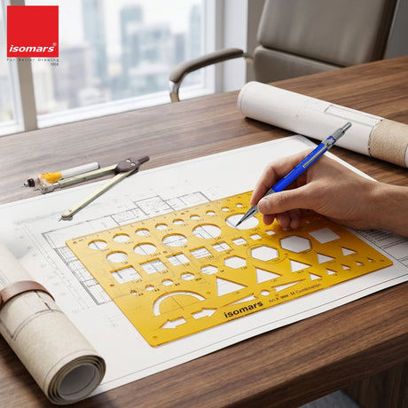 Isomars Geometric Combination Template Ruler | Multi-Shape Drawing & Drafting Stencil with Circles, Squares, Triangles, Hexagons, Arrows & Metric Scale for Architects, Engineers, Designers & Students - Isomars