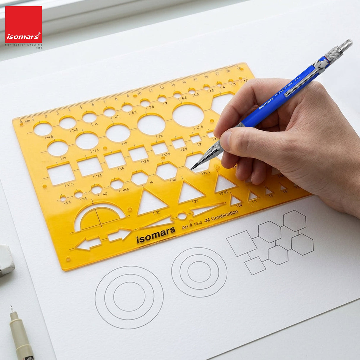 Isomars Geometric Combination Template Ruler | Multi-Shape Drawing & Drafting Stencil with Circles, Squares, Triangles, Hexagons, Arrows & Metric Scale for Architects, Engineers, Designers & Students - Isomars