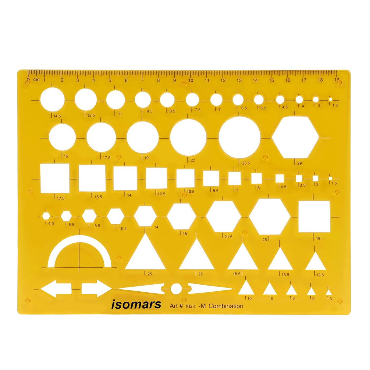 Isomars Geometric Combination Template Ruler | Multi-Shape Drawing & Drafting Stencil with Circles, Squares, Triangles, Hexagons, Arrows & Metric Scale for Architects, Engineers, Designers & Students - Isomars
