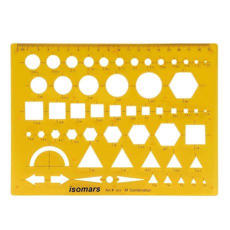 Isomars Geometric Combination Template Ruler | Multi-Shape Drawing & Drafting Stencil with Circles, Squares, Triangles, Hexagons, Arrows & Metric Scale for Architects, Engineers, Designers & Students - Isomars