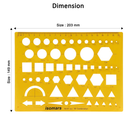 Isomars Geometric Combination Template Ruler | Multi-Shape Drawing & Drafting Stencil with Circles, Squares, Triangles, Hexagons, Arrows & Metric Scale for Architects, Engineers, Designers & Students - Isomars