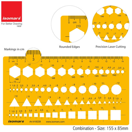 Isomars Geometric Shapes Drafting Template with Metric Scale Ruler - Isomars