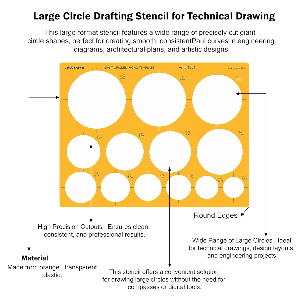 Isomars Giant Circles Drawing Template, Large Circle Stencil for Engineering & Drafting, Precise Geometry Tool for Architects, Designers & Students, Transparent Plastic, Multiple Sizes - Isomars