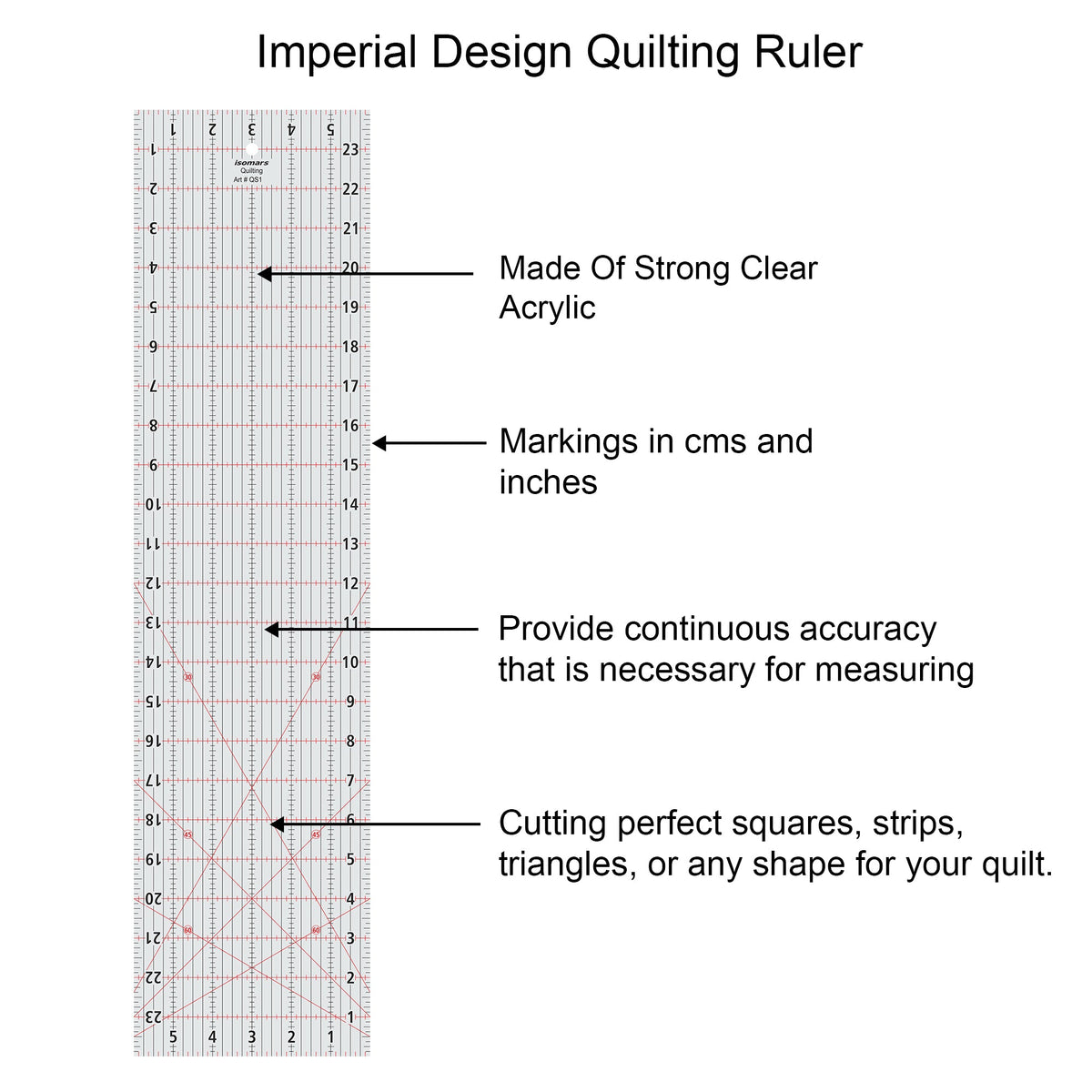 Isomars Imperial Design Quilting Ruler 6 x 24 Inch | Clear Acrylic - Isomars