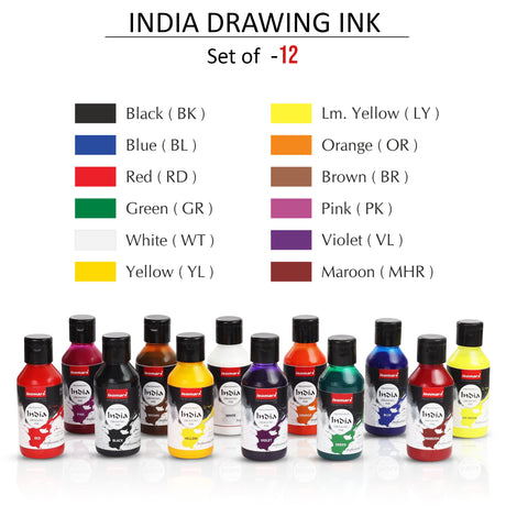 Isomars India Drawing Ink Set of 12 | 100 ml Each | Waterproof Colours - Isomars