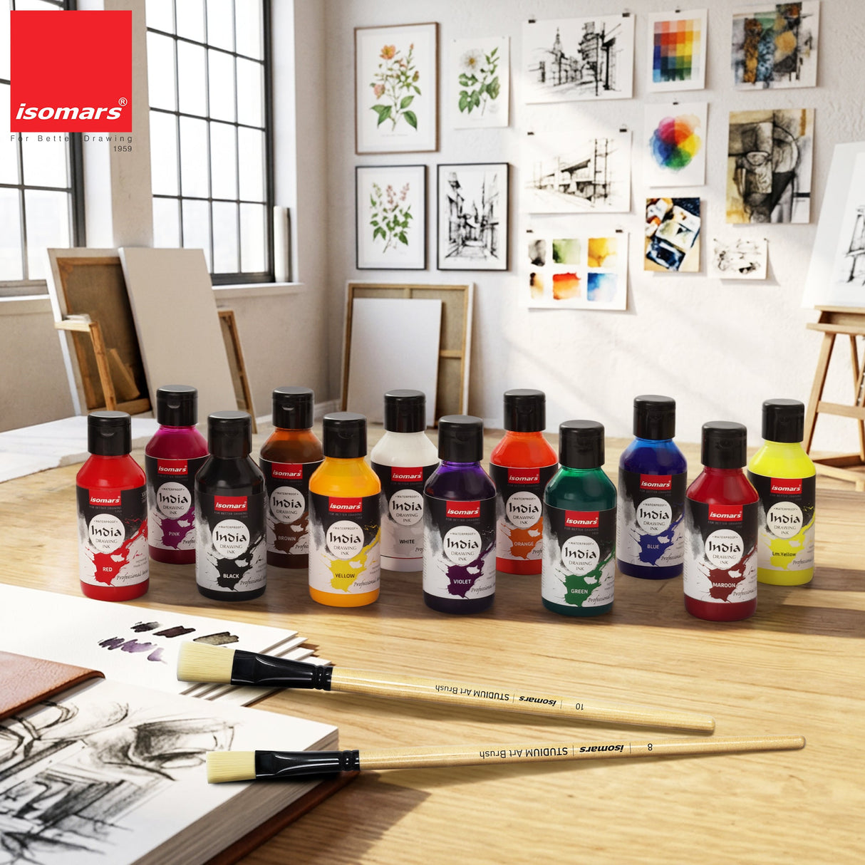 Isomars India Drawing Ink Set of 12 | 100 ml Each | Waterproof Colours - Isomars