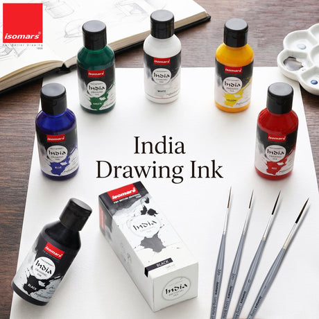 Isomars India Waterproof Drawing Ink, 100ml x 6 Colours, Fadeproof, Non-Toxic, Professional Art Supplies - Isomars