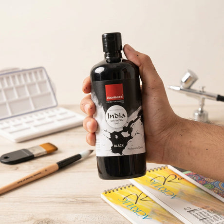 Isomars India Waterproof Drawing Ink - Black - 500ML Bottled Ink, for Paper Board, Canvas,Fabric and Wood Ideal for Designers, Airbrush Artists, Illustrators, Fine Artists and Craft and Hobbyists. - Isomars