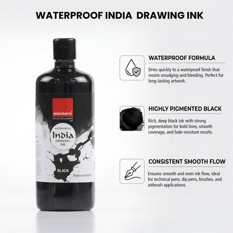 Isomars India Waterproof Drawing Ink - Black - 500ML Bottled Ink, for Paper Board, Canvas,Fabric and Wood Ideal for Designers, Airbrush Artists, Illustrators, Fine Artists and Craft and Hobbyists. - Isomars