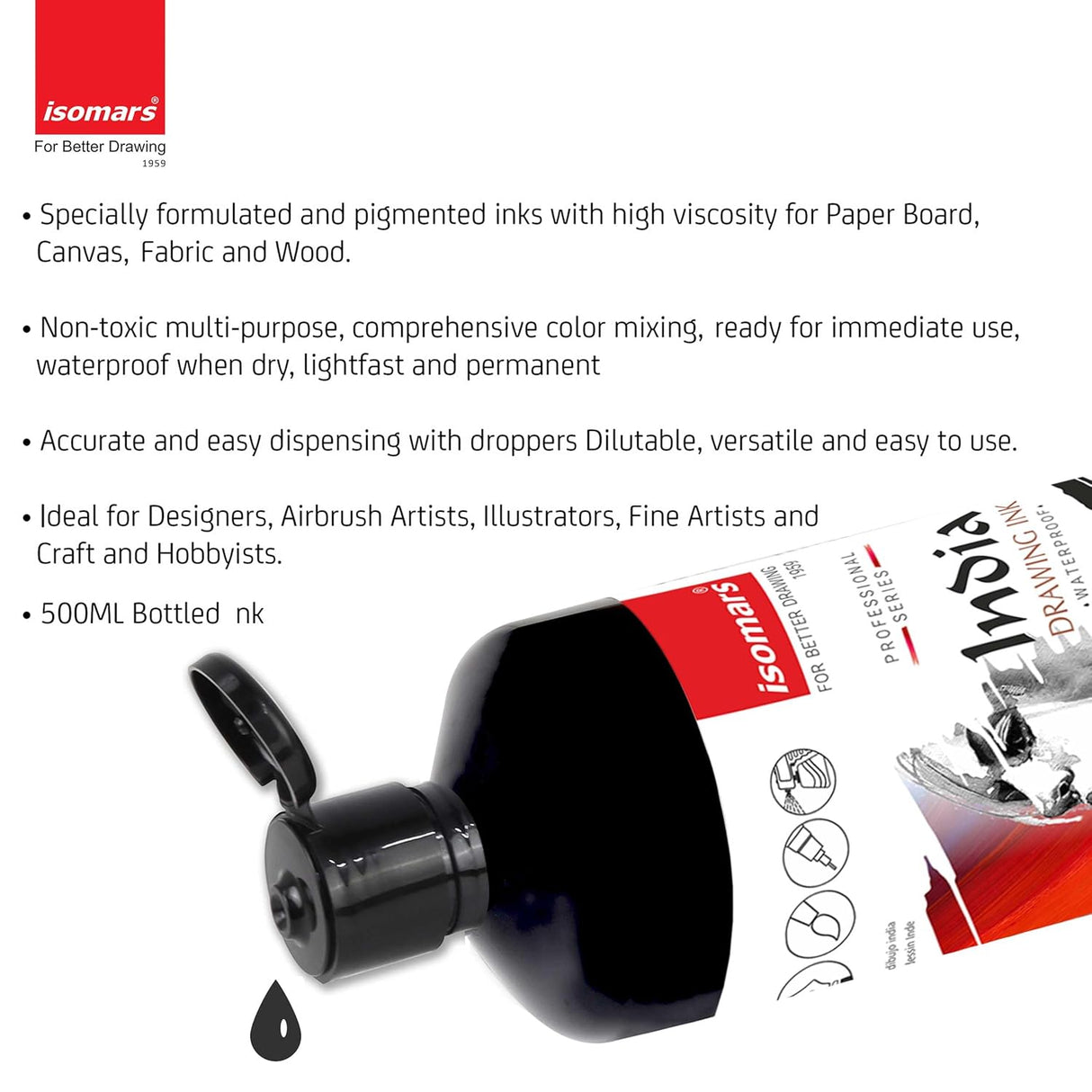 Isomars India Waterproof Drawing Ink - Black - 500ML Bottled Ink, for Paper Board, Canvas,Fabric and Wood Ideal for Designers, Airbrush Artists, Illustrators, Fine Artists and Craft and Hobbyists. - Isomars