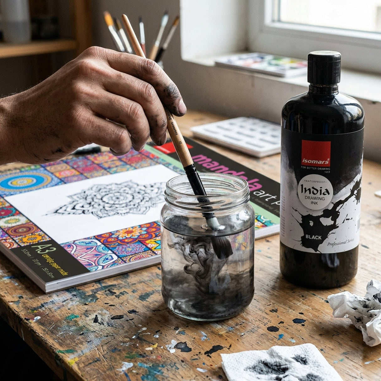 Isomars India Waterproof Drawing Ink - Black - 500ML Bottled Ink, for Paper Board, Canvas,Fabric and Wood Ideal for Designers, Airbrush Artists, Illustrators, Fine Artists and Craft and Hobbyists. - Isomars