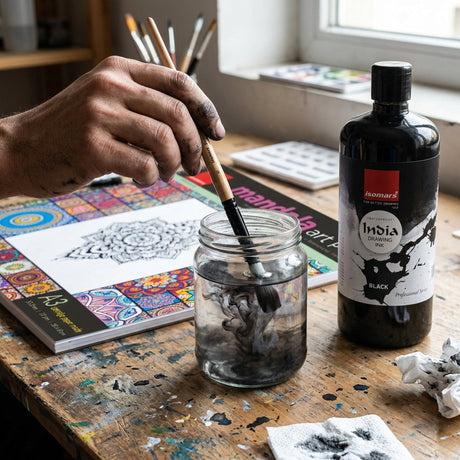 Isomars India Waterproof Drawing Ink - Black - 500ML Bottled Ink, for Paper Board, Canvas,Fabric and Wood Ideal for Designers, Airbrush Artists, Illustrators, Fine Artists and Craft and Hobbyists. - Isomars