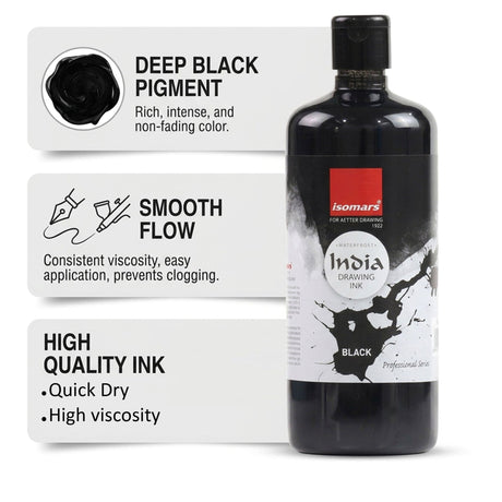 Isomars India Waterproof Drawing Ink - Black - 500ML Bottled Ink, for Paper Board, Canvas,Fabric and Wood Ideal for Designers, Airbrush Artists, Illustrators, Fine Artists and Craft and Hobbyists. - Isomars