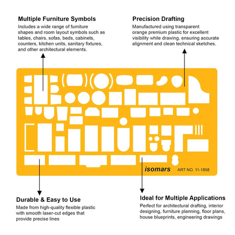 Isomars Interior Design Furniture Template Stencil Art 11-1858 | Architectural Drawing & Drafting Template for Furniture Layout, Floor Plans, Interior Design, House Planning & Technical Drawing - Isomars