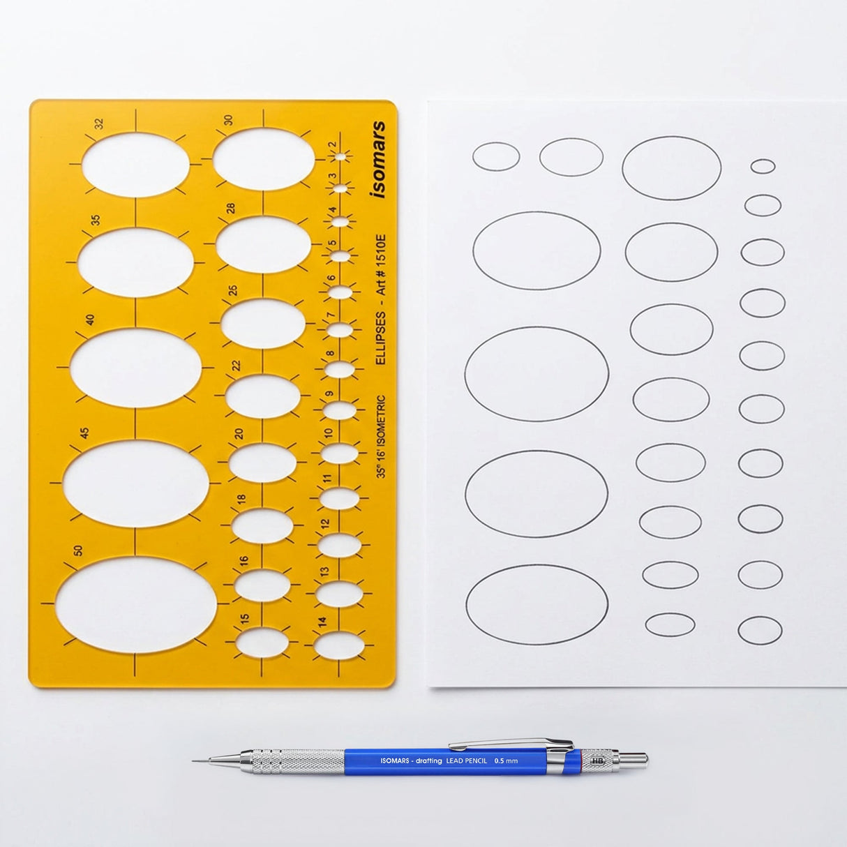 Isomars Isometric Ellipse Shapes Template 35°16' (Art No. 1510E) | Technical Drawing Stencil with 2-50mm Ellipses | Engineering, Architecture, Drafting & Design Tool - Isomars