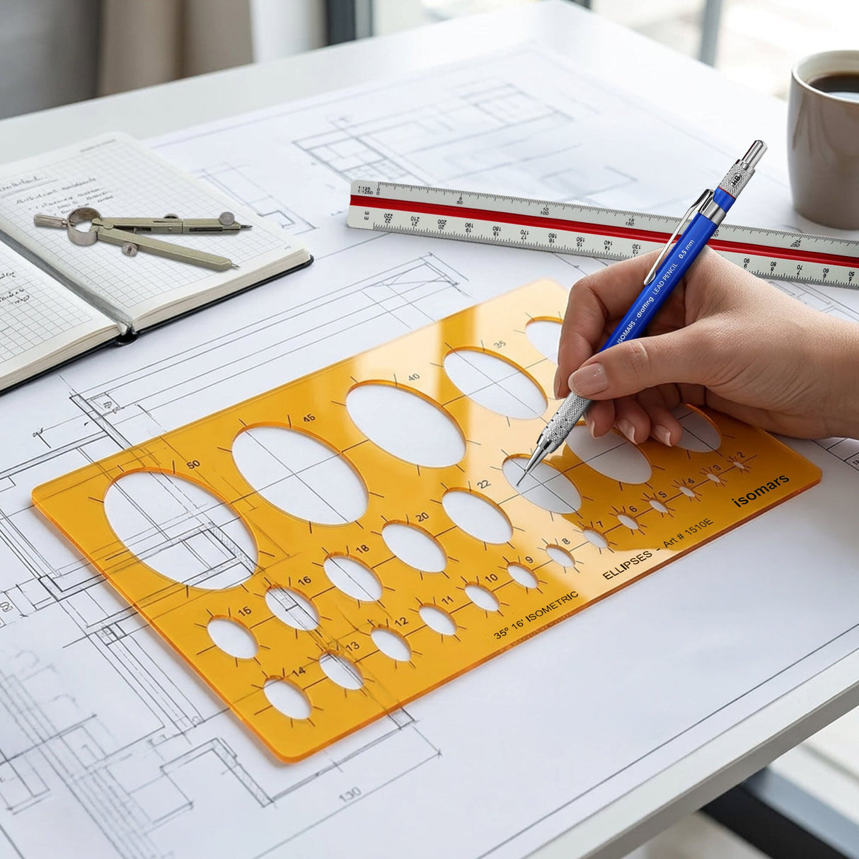 Isomars Isometric Ellipse Shapes Template 35°16' (Art No. 1510E) | Technical Drawing Stencil with 2-50mm Ellipses | Engineering, Architecture, Drafting & Design Tool - Isomars
