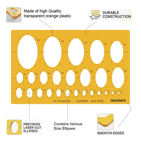 Isomars Isometric Ellipse Shapes Template 35°16' (Art No. 1510E) | Technical Drawing Stencil with 2-50mm Ellipses | Engineering, Architecture, Drafting & Design Tool - Isomars