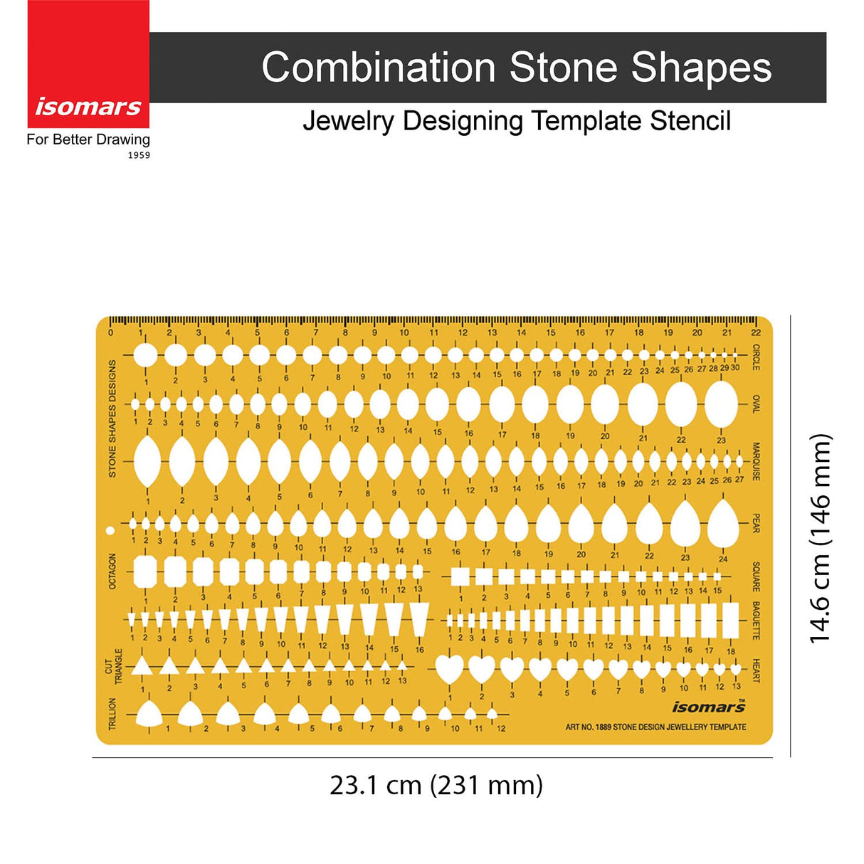 Isomars Jewellery Design Template Set of 2 | Gemstone & Stone Shape Drafting Stencils with Round, Oval, Pear, Emerald, Marquise, Heart & Baguette Shapes for Jewelry Designers & Students - Isomars