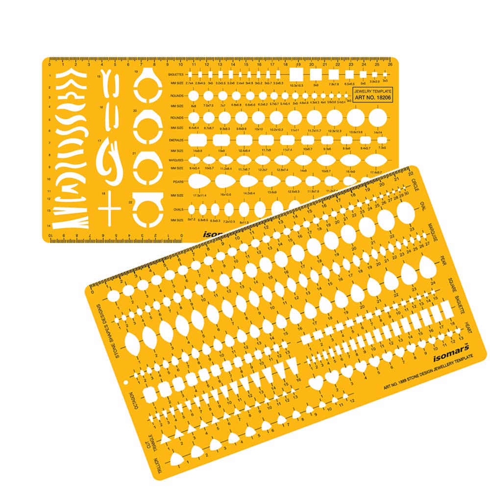 Isomars Jewellery Design Template Set of 2 | Gemstone & Stone Shape Drafting Stencils with Round, Oval, Pear, Emerald, Marquise, Heart & Baguette Shapes for Jewelry Designers & Students - Isomars