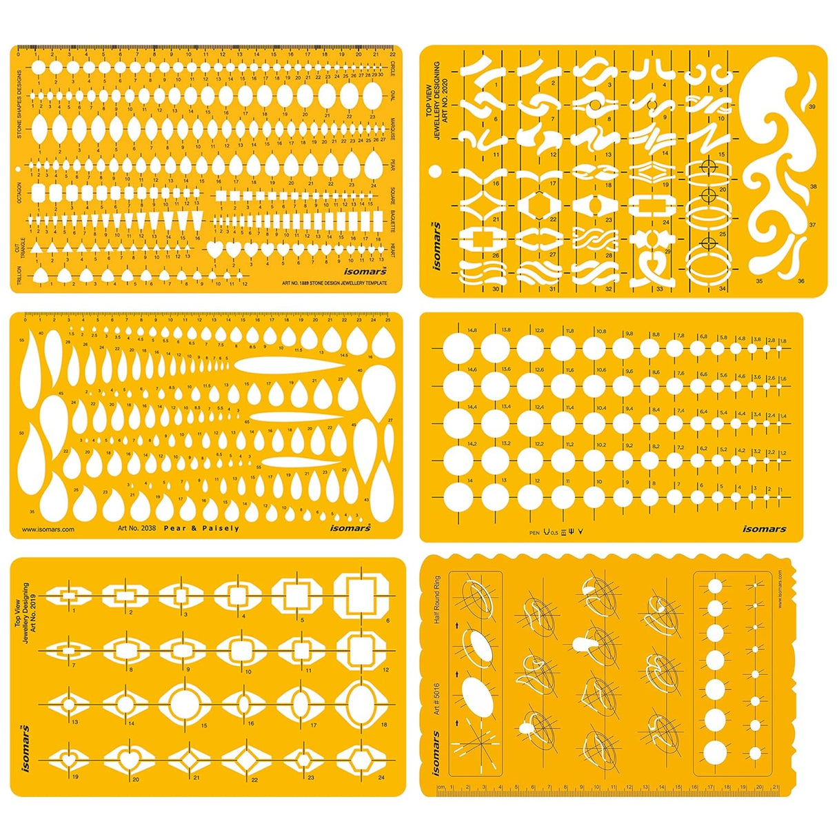 Isomars Jewellery Designing Drawing Drafting Template Set of 6 | Professional Transparent Jewellery Sketching & Rendering Stencil Kit for Ring, Pendant, Earring, Bracelet & Ornament Design - Isomars