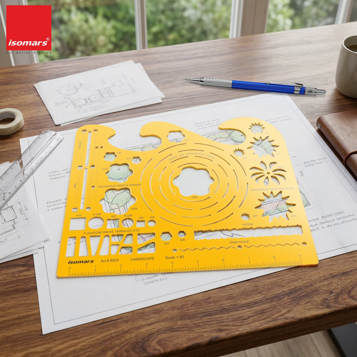 Isomars Landscape Design Template Stencil Scale 1:50 for Drafting - Isomars