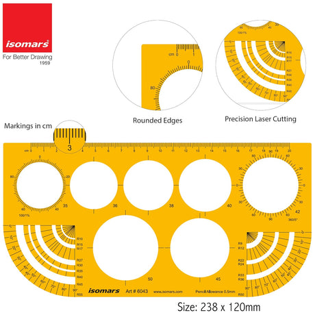 Isomars Large Circle Drafting Template with Protractor & Radius Guide - Isomars