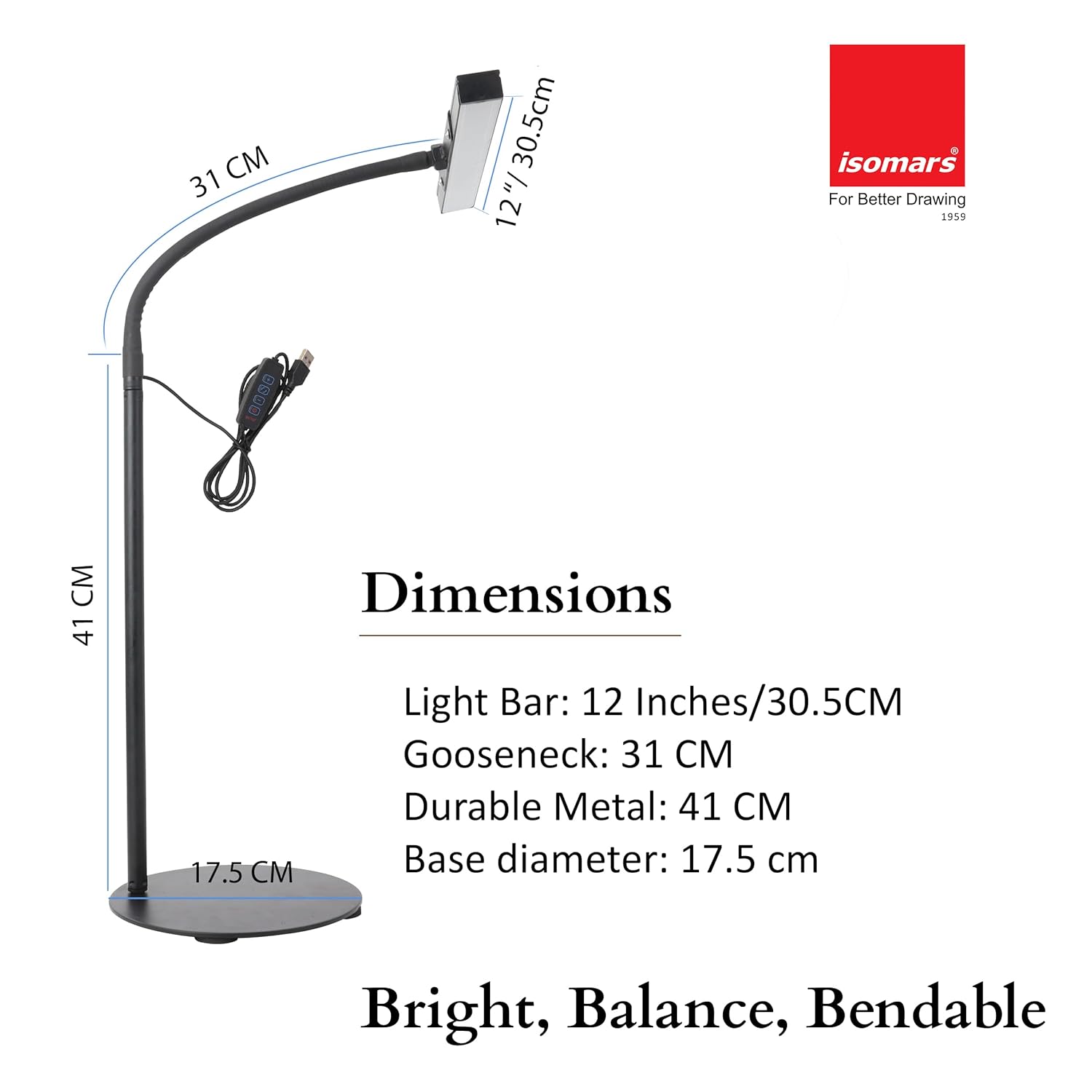 Isomars LED Desk Lamp for Computer Monitor & Laptop 12 Inch | Eye Friendly USB Study Light with Circular Base, Flexible Gooseneck, 3 Color Modes & 10 Brightness Levels for Reading, Study & Workbench - Isomars