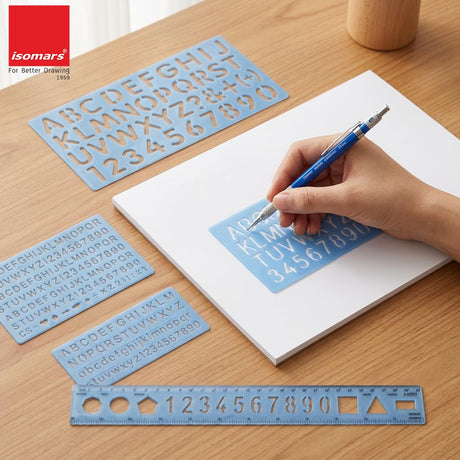 Isomars Lettering Stencil Set of 5, Reusable Alphabet & Number Templates with 4 Letter Stencils and 12 Inch Ruler, Uppercase, Lowercase, Symbols in 8mm, 10mm, 20mm & 30mm for Sign Making, DIY Crafts & School Projects - Isomars