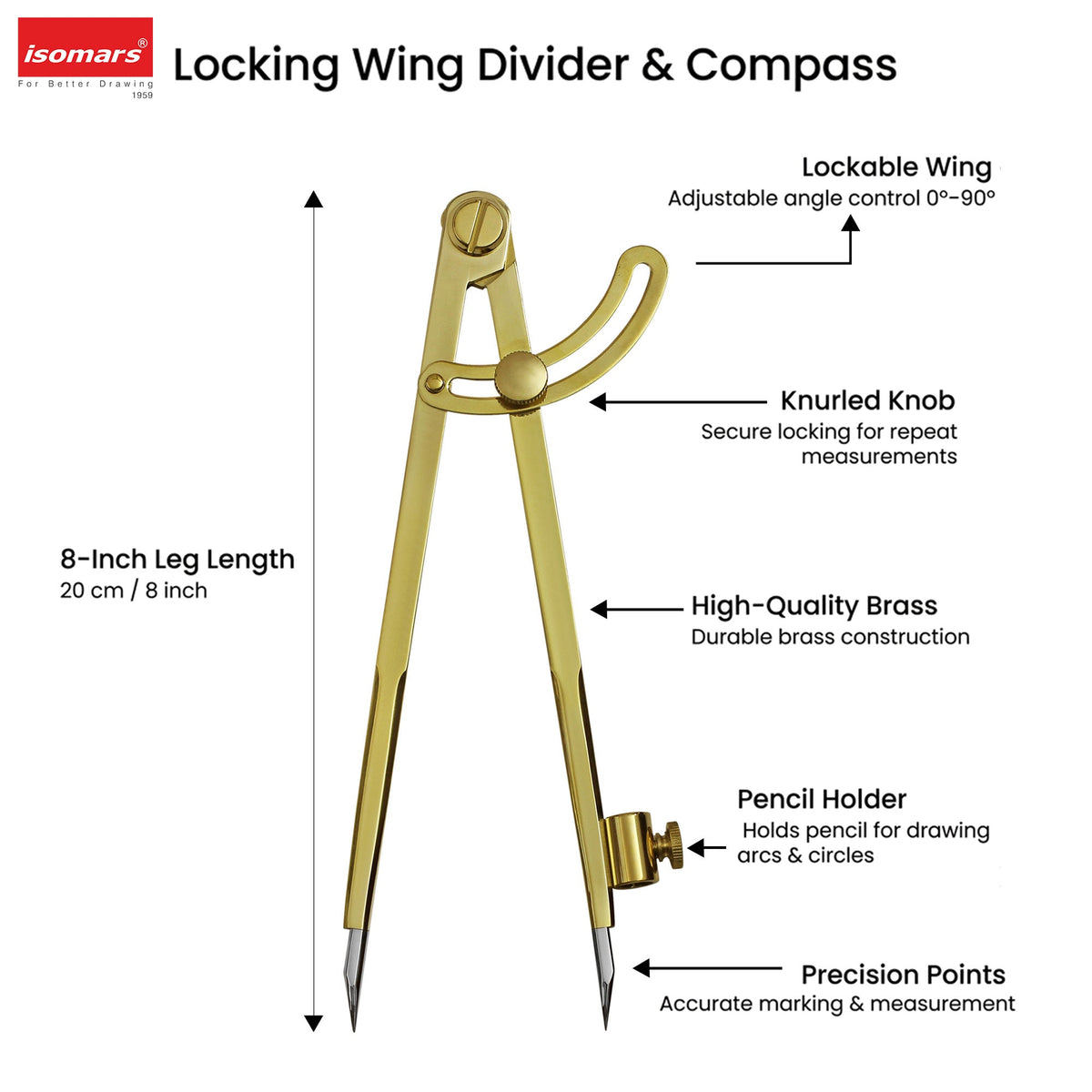 Isomars Locking Wing Divider & Compass, 8 Inch Brass Drawing Tool - Isomars