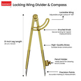 Isomars Locking Wing Divider & Compass, 8 Inch Brass Drawing Tool - Isomars