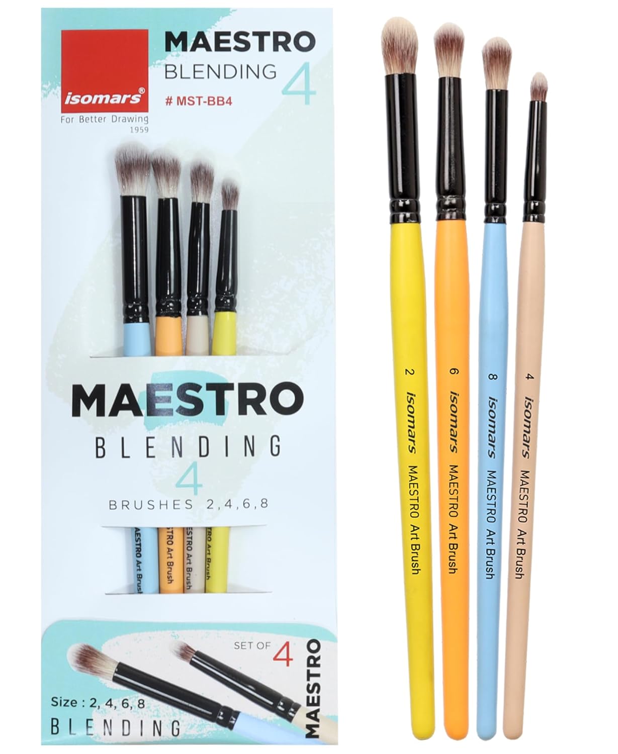 Isomars Maestro Blending Brush Set of 4 - Professional Round Artist Brushes for Soft Blending, Shading and Transitions - Colorful Wooden Handles - Sizes 2, 4, 6, 8 - Isomars