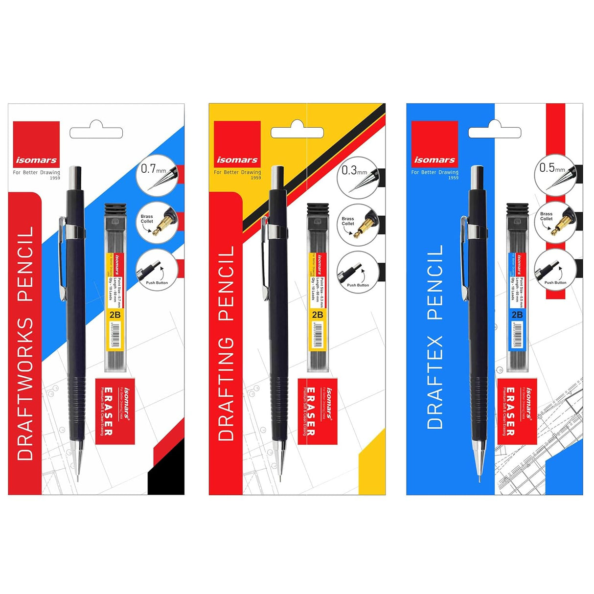 Isomars Mechanical Pencil 0.3, 0.5, 0.7 | Set Of 3 Drafting Pencils | Comes with Leads & Erasers | Ideal for Artists & Students | Ideal for writing, sketching, drawing, and more - Isomars