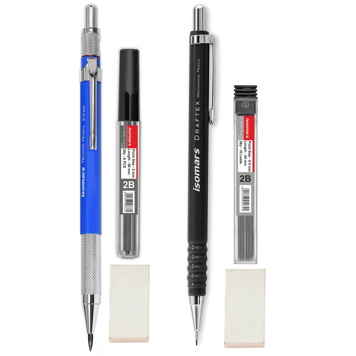 Isomars Mechanical Pencil 0.5mm And 2mm Combo - Clutch Pencils - Black And Blue With Lead And Eraser - Isomars
