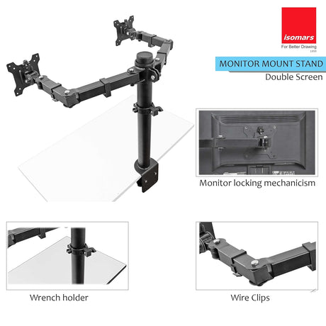 Isomars Monitor Arm Mount Stand Double Screen (Monitor) - Adjustable Height & Angles - Isomars