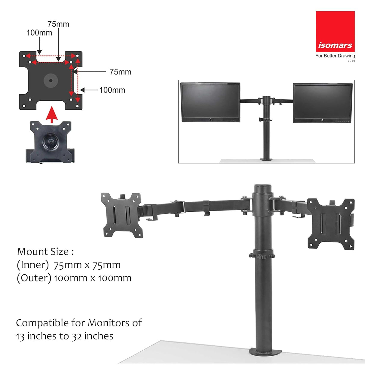 Isomars Monitor Arm Mount Stand Double Screen (Monitor) - Adjustable Height & Angles - Isomars