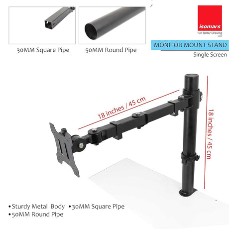 Isomars Monitor Mount Stand Single Screen - Adjustable Height & Angles - Isomars